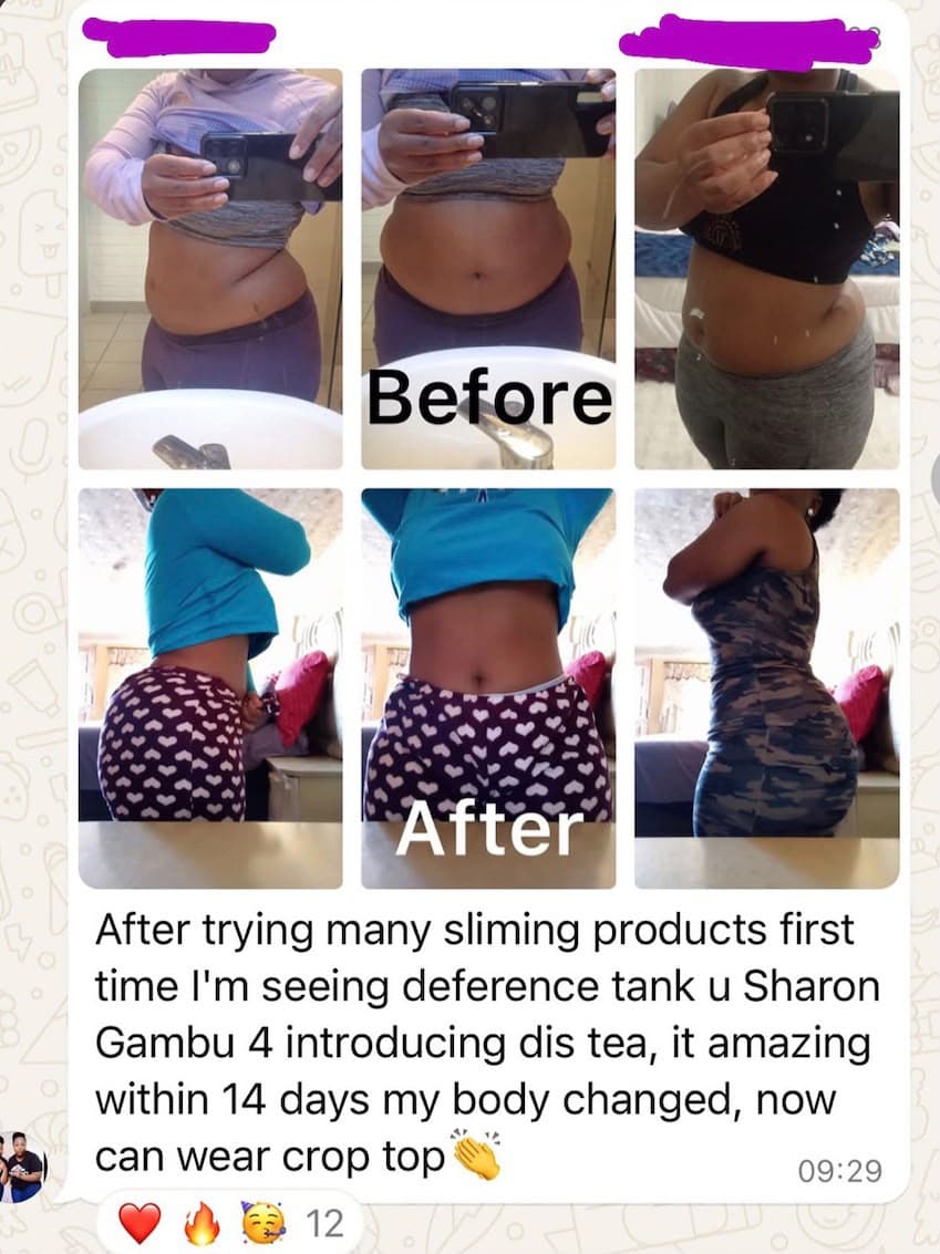 Customer before and after photos with her message: after trying many slimming products, she saw a difference within 14 days of using SG tea
